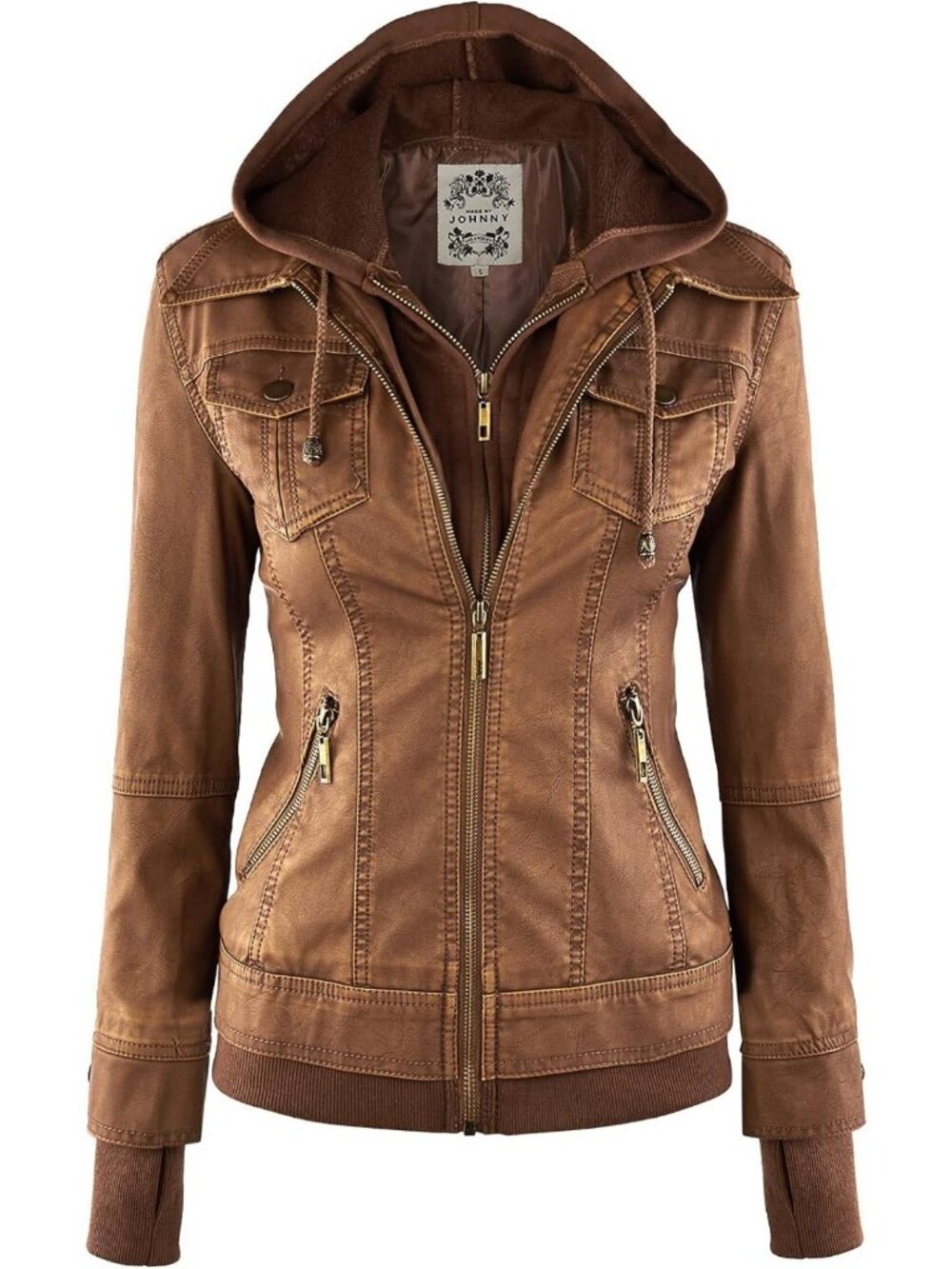 Stylish Faux Leather Motorcycle Jacket for Women with Removable Hood & Pockets